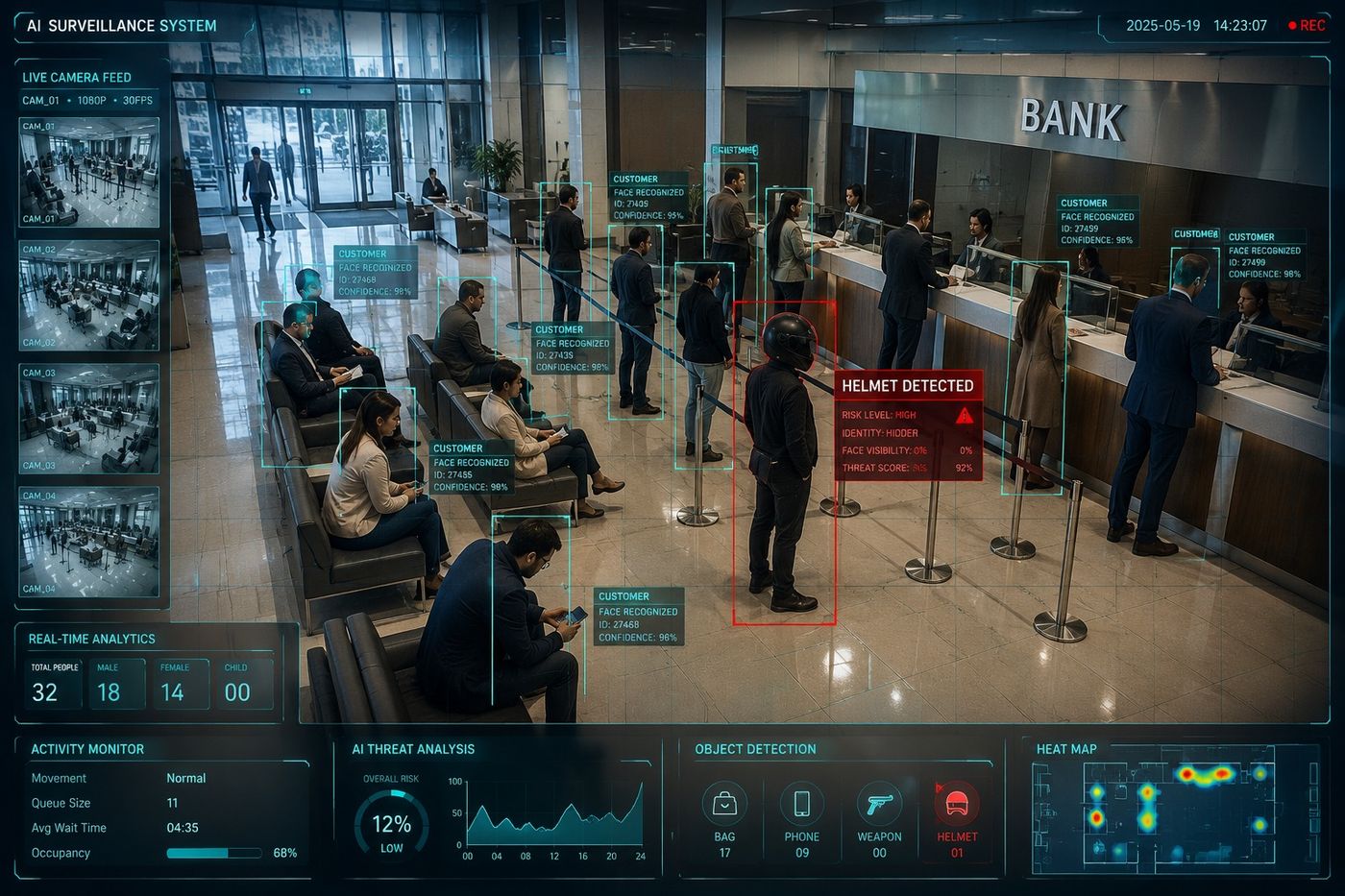 Argus AI live detection feed monitoring a bank lobby