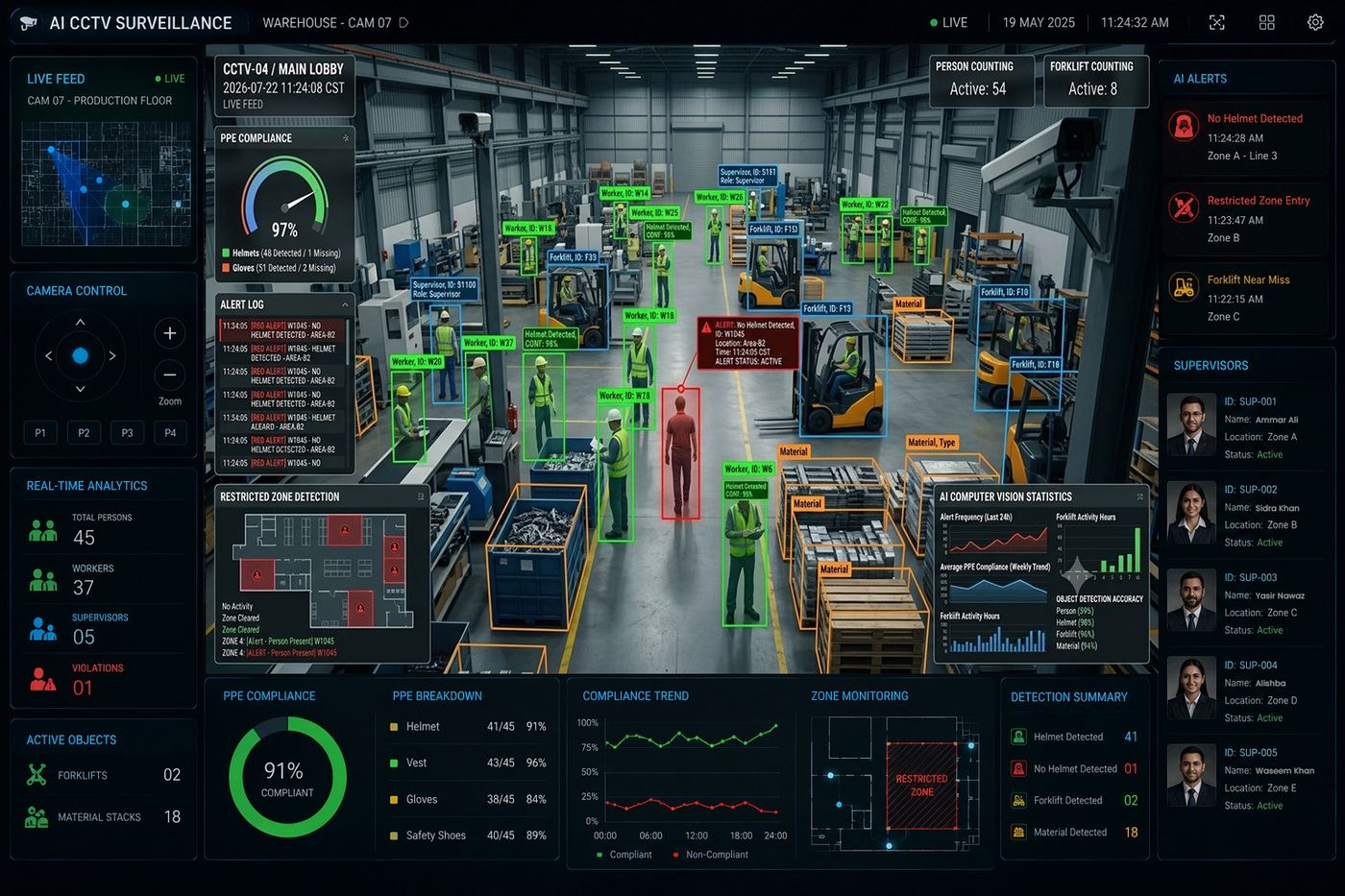 Argus AI detecting workers, PPE compliance and forklifts on a factory floor