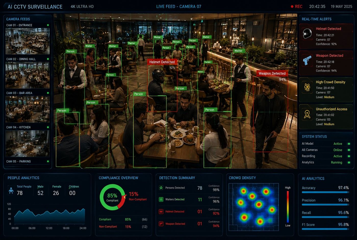 Argus AI detecting people, staff and safety events in a restaurant dining hall