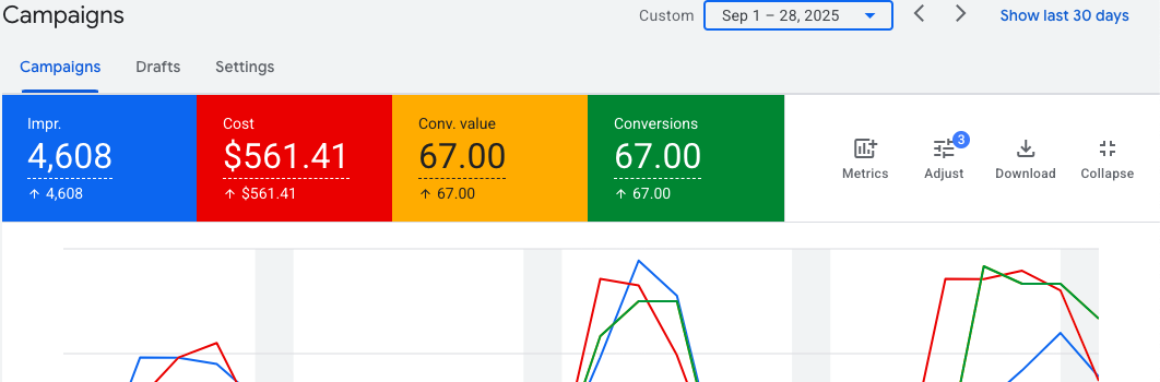 Google Ads campaigns overview, September 2025
